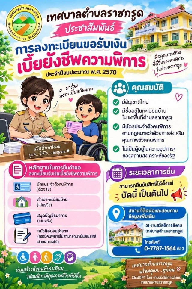 เทศบาลตำบลราชกรูดประชาสัมพันธ์ การยืนยันสิทธิรับเบี้ยยังชีพผู้พิการ ประจำปีงบประมาณ พ.ศ. 2570